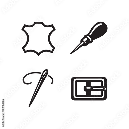 Essential Leathercraft and Sewing Tools Kit Icons Artisanal Craftsmanship Supplies