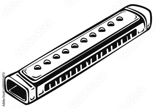 Classic Blues Harmonica in Black and White Outline Style, Vector Illustration of a Musical Instrument