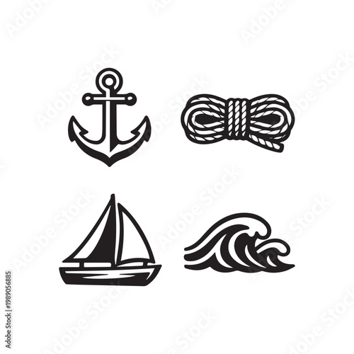 Nautical Adventure Essentials Anchor Rope Sailboat Wave Vector Collection