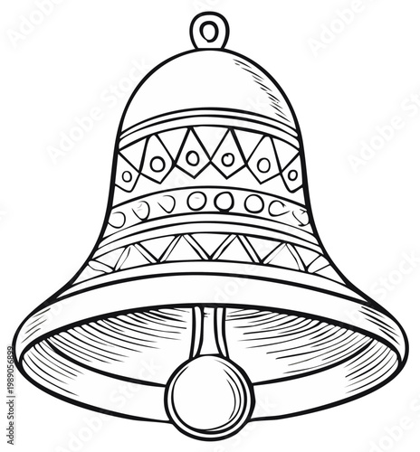 Sketch of a Christmas Bell with Decorative Designs. Holiday season coloring page or art project