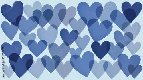 A pattern of overlapping blue heart shapes with varying levels of transparency scattered across a light blue background, creating a soft and layered visual effect for romantic or celebratory themes