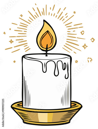 Burning Candle in Holder with Light Rays Hand-Drawn Illustration
