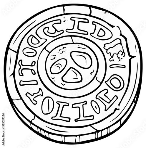 Hand Drawn Ancient Circular Stone Tablet with Symbolic Engravings and Eroded Edges