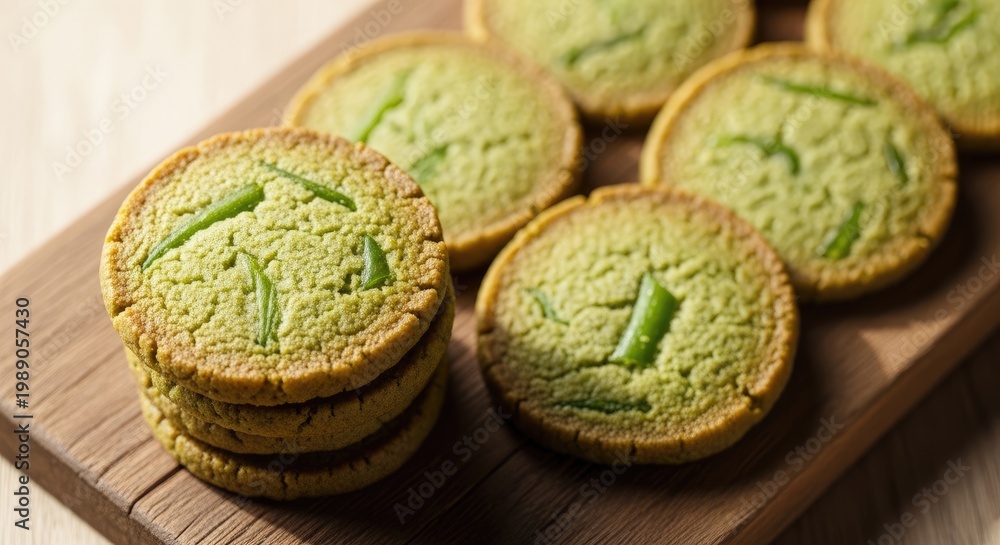 Fototapeta premium Delicious Green Matcha Cookies on Wooden Board.