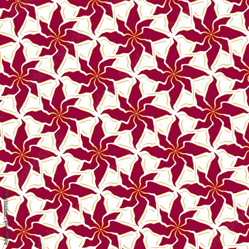 Organic floral swirl pattern with maroon pinwheel shapes on white background