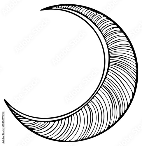Crescent Moon Outline, Black and White Hand Drawn Lunar Illustration
