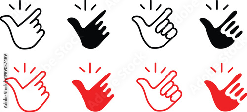 Hand Snapping Gesture Silhouette Set, Finger Snap Red and  Bold black outline and silhouette Sound Vector Illustration and Web Icon Clipart Symbol Collection for Social Interaction Decorative Designs