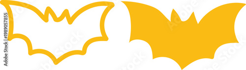 Yellow Bat Silhouette Set for Halloween, Spooky Animal Vector Illustration and Web Icon Minimal Outline Drawing Clipart Symbol Collection Isolated on White Background