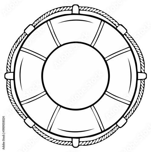 Classic life preserver ring with rope detail in outline illustration style