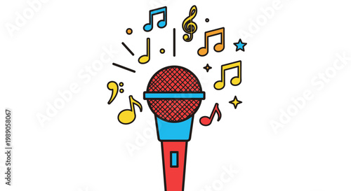 Colorful Microphone with Music Notes Floating.