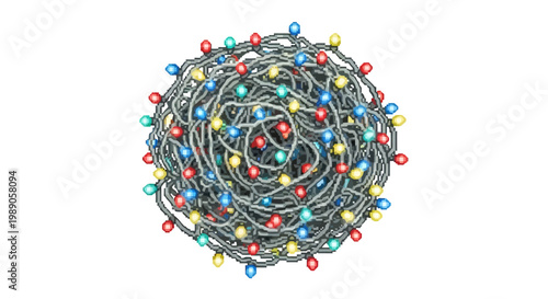 A tangled ball of colorful Christmas lights on a white background.