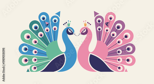 Colorful Peacocks Facing Each Other.