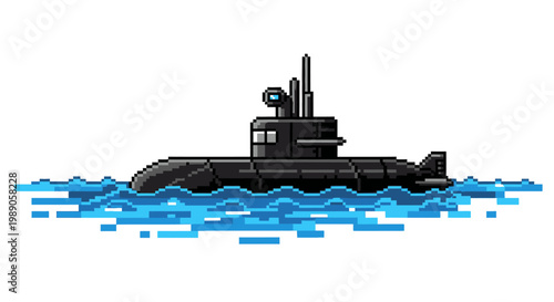 Black Submarine Navigating Through Blue Water Waves.