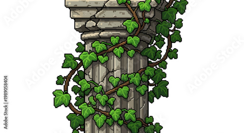Ancient Stone Column Covered in Lush Green Ivy Vines.