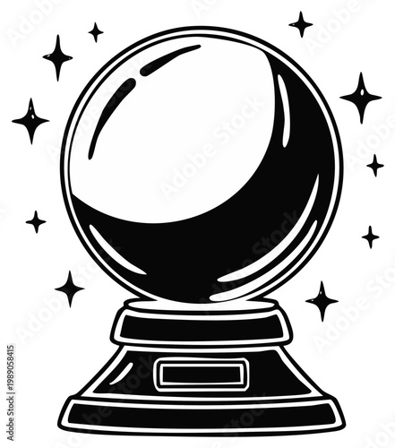 Fortune Telling: Crystal Ball with Sparkling Stars Illustration in Black and White