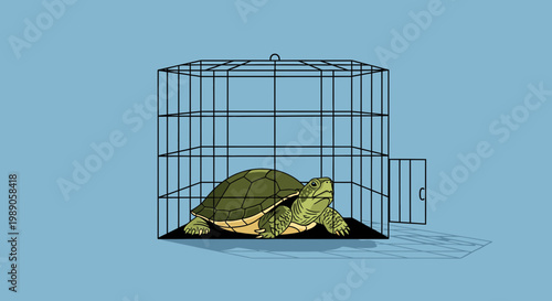 Turtle in a metal cage indoors.