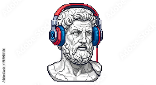 Ancient Greek Sculpture Head Wearing Modern Headphones.