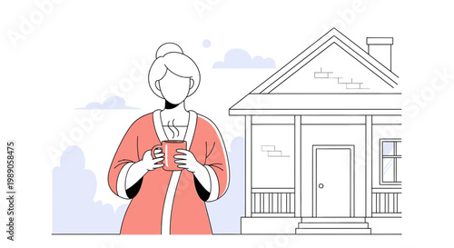 Woman in pink robe holding cup.