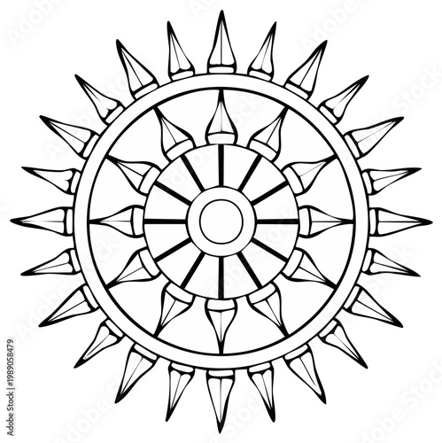 Intricate black and white illustration of Dharma wheel with spiky details, symbolizing spirituality and enlightenment.