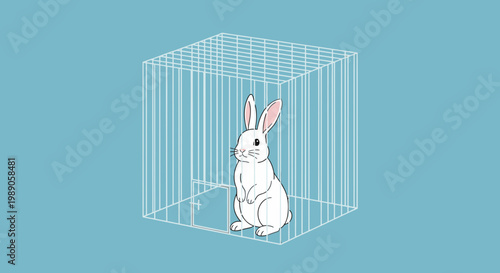 White rabbit sitting in cage.