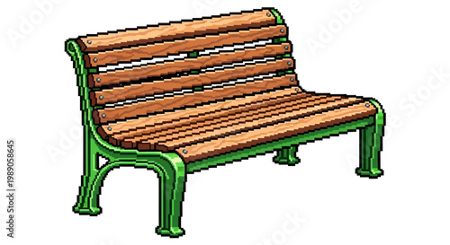Classic Wooden Park Bench with Green Metal Frame.