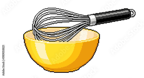 A Whisk Inside a Yellow Bowl with Liquid.