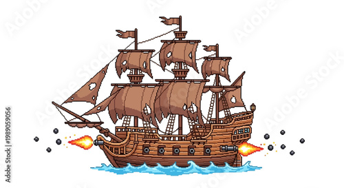 Cartoon Pirate Ship Firing Cannons in Battle.