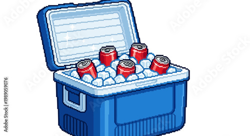 Blue cooler filled with ice and soda cans.