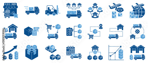 Logistics, warehouse and supply chain management icon set. Duotone color icon including inventory, delivery, order fulfillment, packaging, freight, cargo, transport, tracking, procurement, retail