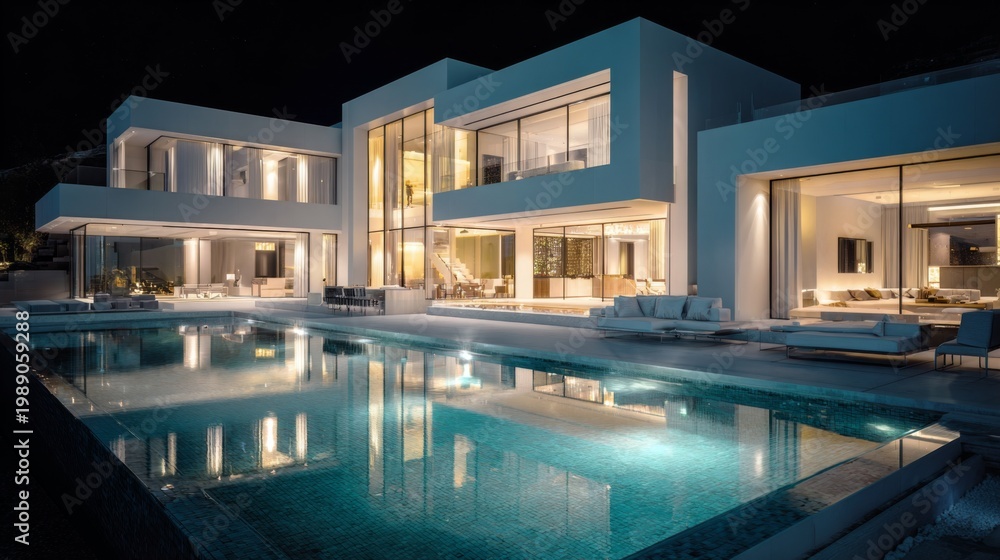 Fototapeta premium Elegant modern villa with illuminated facade and swimming pool at night, showcasing luxurious architecture and serene outdoor space