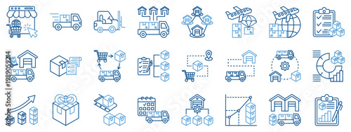Logistics, warehouse and supply chain management icon set. Outline color icon including inventory, delivery, order fulfillment, packaging, freight, cargo, transport, tracking, procurement, retail