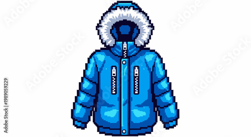 Blue Puffer Jacket with Fur Hood Illustration.