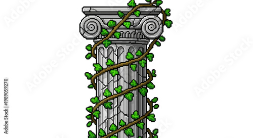 Ancient Greek Ionic Column Covered in Green Ivy Vines.