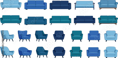 Modern Blue Sofa and Armchair Collection Set with Stylish Living Room Furniture Designs in Minimal Flat Vector Illustration Style