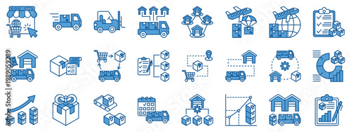 Logistics, warehouse and supply chain management icon set. Line filled color icon including inventory, delivery, order fulfillment, packaging, freight, cargo, transport, tracking, procurement, retail