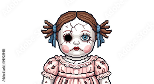 Creepy Cracked Doll with One Eye Missing and Pigtails.