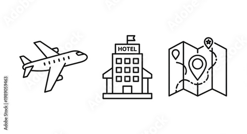 Travel Icons Airplane Hotel Map Destination Planning.