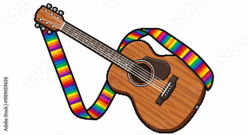 Acoustic guitar with a vibrant rainbow strap.