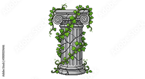 Ancient Greek Ionic Column Covered in Green Ivy.