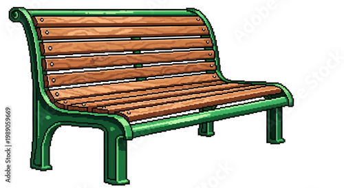 Classic Park Bench with Wooden Slats and Green Metal Frame.