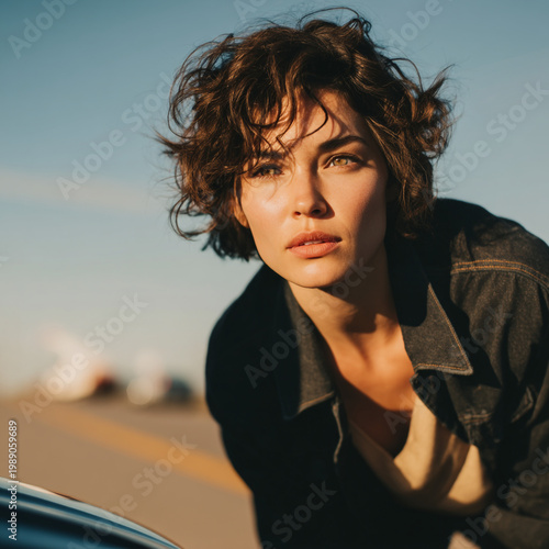 Portrait of a young woman with curly hair looking with strong gaze outdoors in sunlight, clear sky