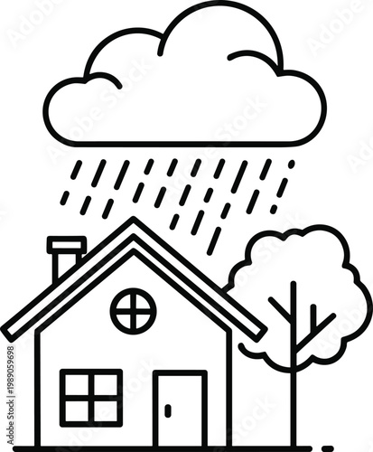 Simple line drawing of a house on a rainy day with a tree