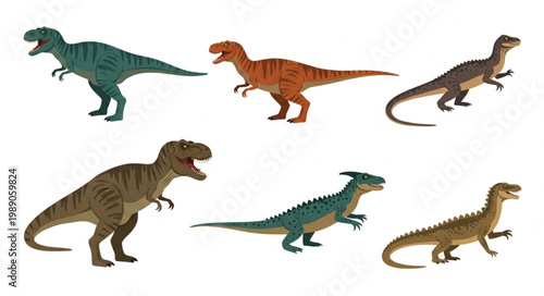 Collection of Six Different Dinosaur Toys Posed Against White Background.