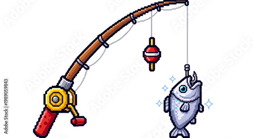 Cartoon Fishing Rod with a Fish Caught on the Hook.