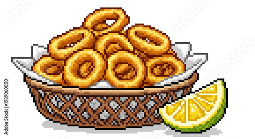Crispy Golden Onion Rings in Wicker Basket with Lemon Slice.