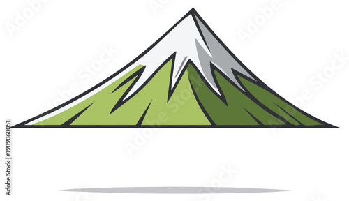 Green mountain with a snow covered peak vector illustration. Simple outdoor nature landscape icon with a shadow.
