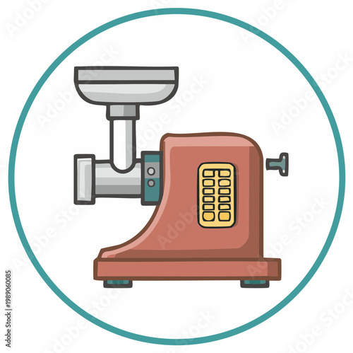 Illustration of a cartoon meat grinder, kitchen tool for processing foods at home or restaurant, food processing equipment icon.