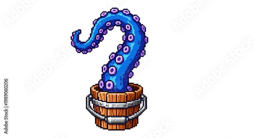 Blue Tentacle Emerging From Wooden Bucket.