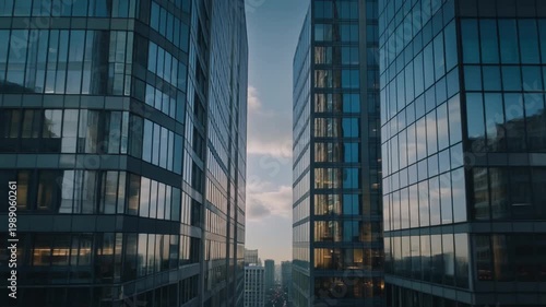 modern glass office buildings with reflections at sunset