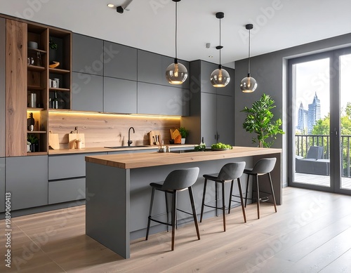 Modern kitchen with sleek grey cabinets, wooden accents, an island with bar stools, and a large window with an outdoor view
